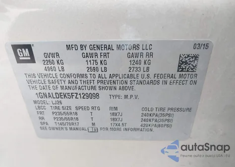 2015 Chevrolet Equinox Ltz из США, поврежденный, VIN 1GNALDEK5FZ129098